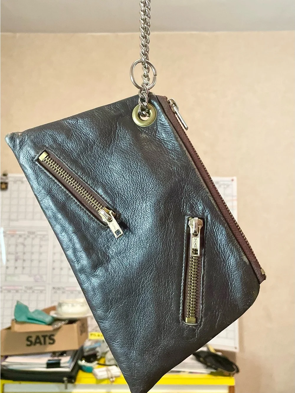 Y2k Leather Chain-Accent Crossbody Clutch